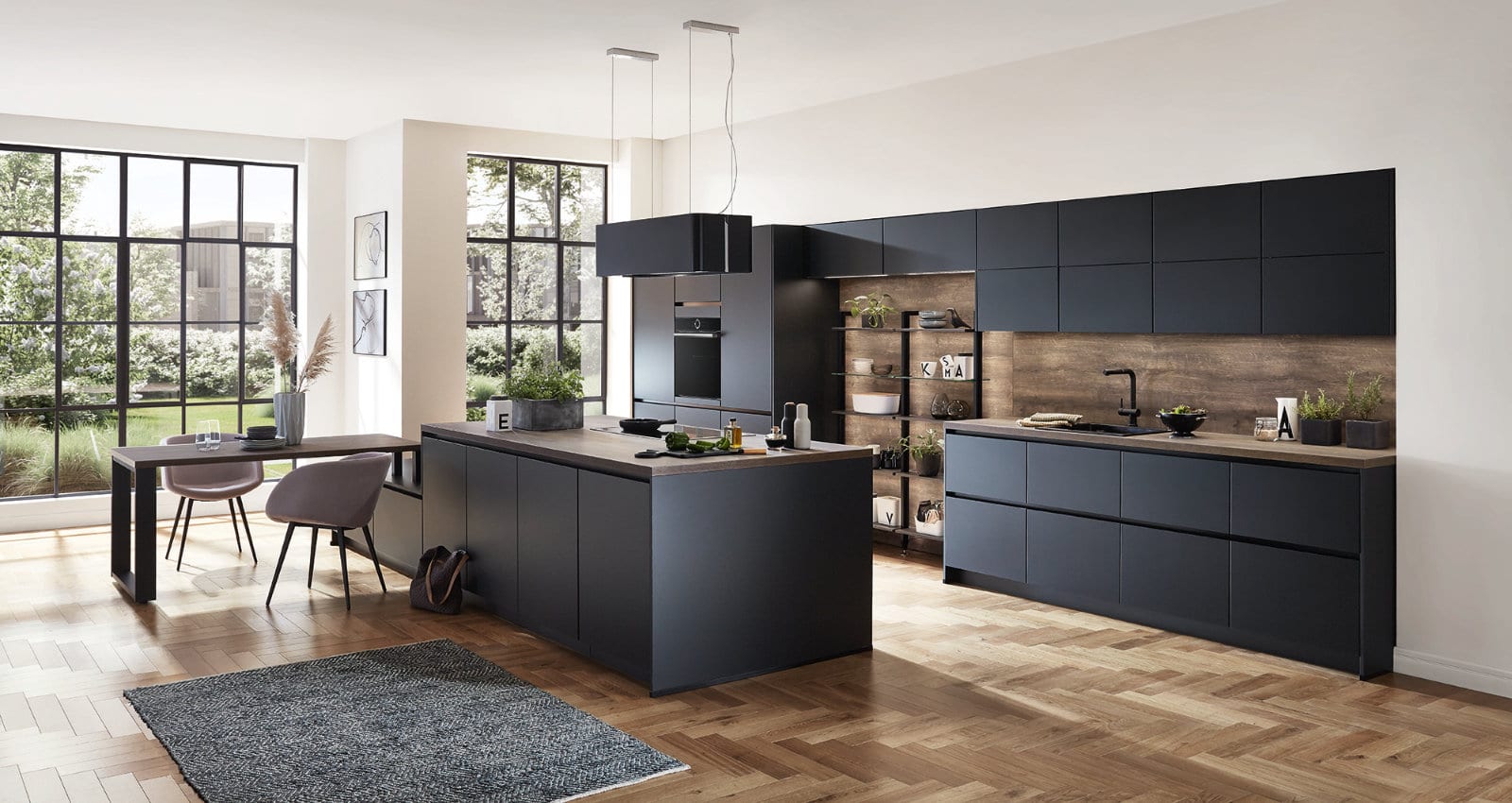 Nobilia Matt Black Wood Handleless Open Plan Kitchen 2021 1 | Inova Kitchens, Luton