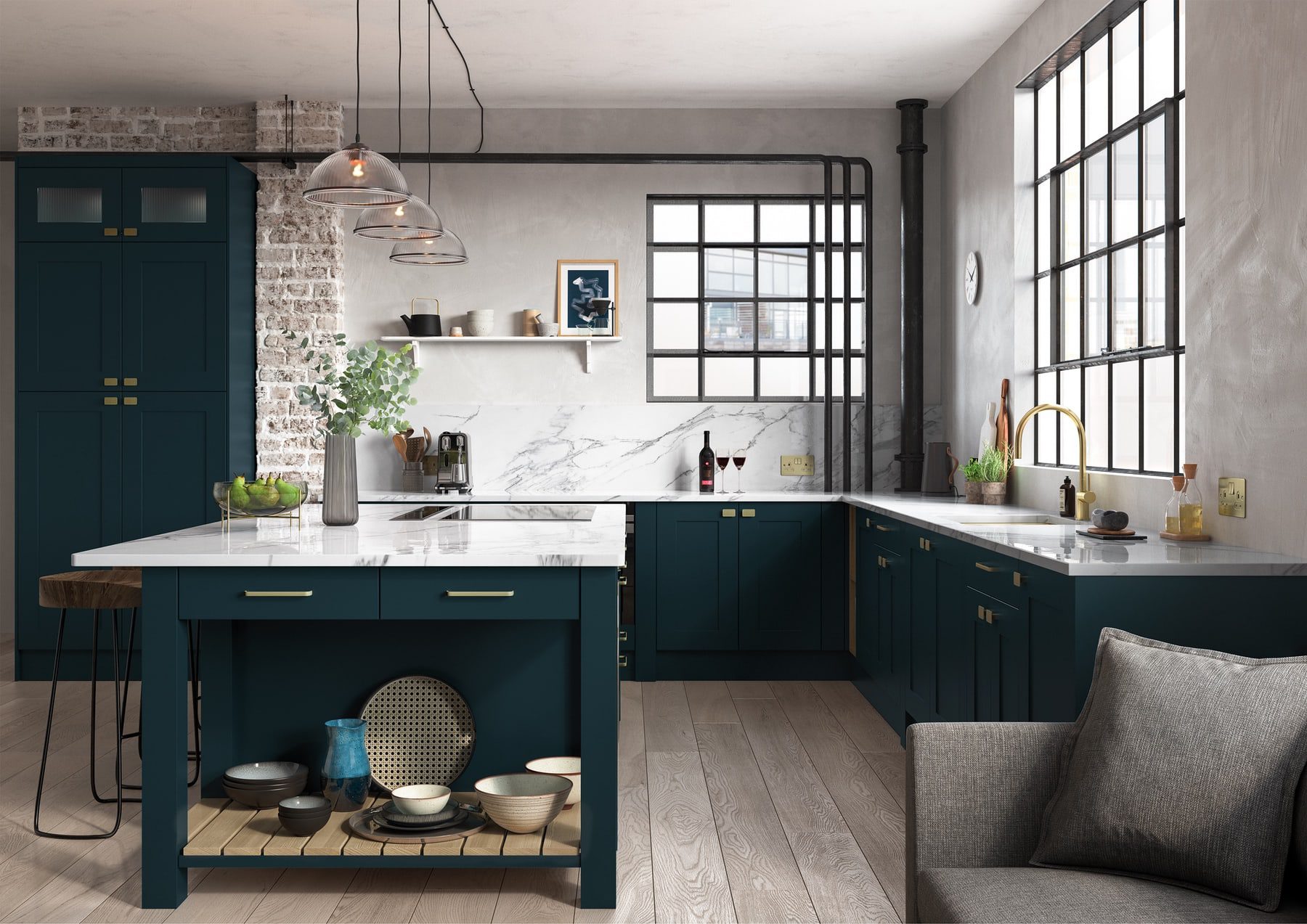 Georgia Marine Shaker L Shaped Kitchen With Island | Inova Kitchens, Luton